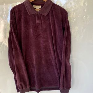 Men’s velour pullover long sleeve shirt, Plum, Large, one button placket